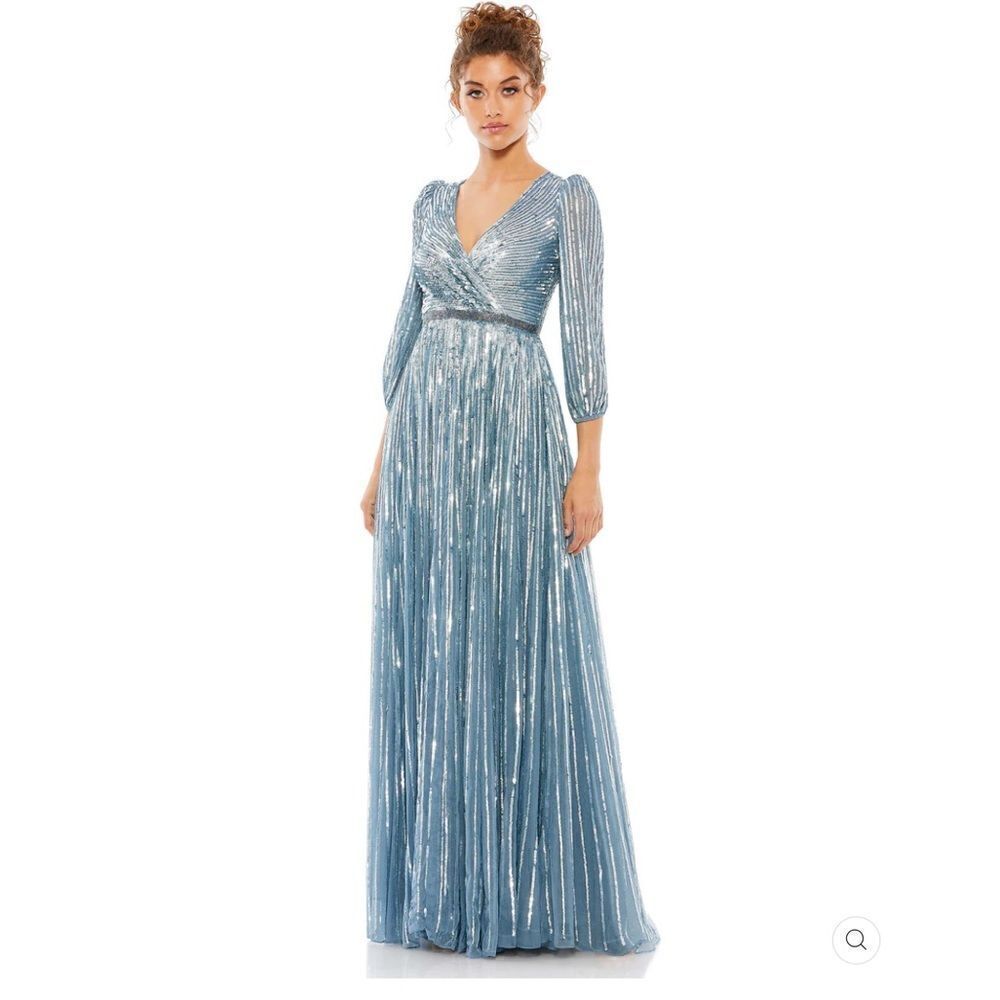 Mac Duggal Size 4 Blue Sequin Wrap Over 3/4 Sleeve Maxi Dress Gown